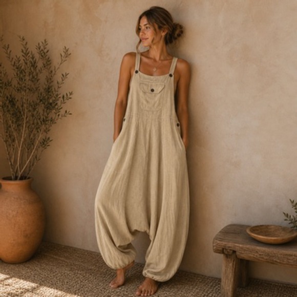 Unknown Pants - Boho Harem Overalls Jumpsuit Womens L/XL Beige Cotton Drop Crotch Loose Baggy